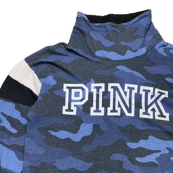 Pink Victorias Secret Sweatshirt Large Blue Camo Sherpa Funnel Neck Pullover - Picture 2 of 13
